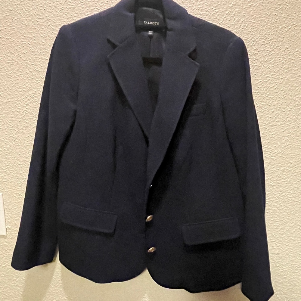 Talbots Navy blazer with front closure/gold button-size 12